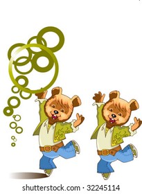 The bear cub cheerfully dances and juggles with rings;