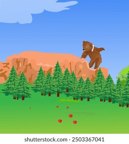 A bear cub climbs a high rock in a fir forest. Vector illustration.