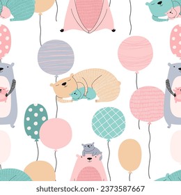 Bear, cub, colorful balls. Seamless pattern. Template for fabric, textile, paper, wallpaper. Vector illustration in Scandinavian style.