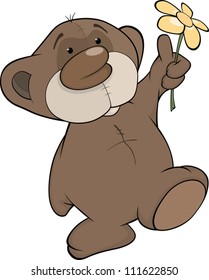 Bear cub and a flower. Cartoon