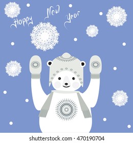 bear cub in hat and wore mittens snowflakes handmade inscription Happy New Year light blue background abstract vector illustration