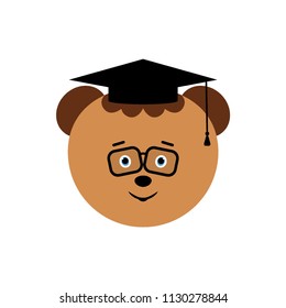 Bear cub head in magister degree hat and glasses isolated on white background. Cute and funny wise animal character. Cartoon flat vector illustration. Icon, logo design. Concept of education 