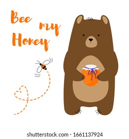 Bear cub with a jar of honey and a nimble striped bee on a white background