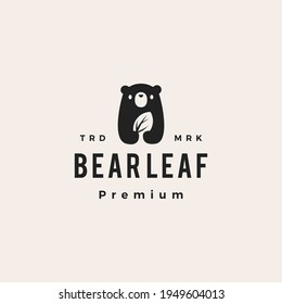 bear cub leaf hipster vintage logo vector icon illustration