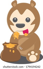 
a bear cub looks very happy enjoying the delicious and fresh honey from a pot
