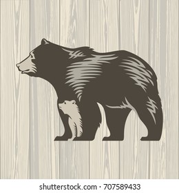 Bear with a bear cub on wooden background, illustration, vector