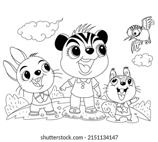 Bear cub rabbit and squirrel playing with bird in the meadow vector illustration for coloring pages,preschool coloring pages,coloring books,children book coloring,background,greeting card,pattern.