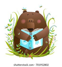 Bear cub reading book cute cartoon. Baby bear sitting in the grass studying. Vector illustration.