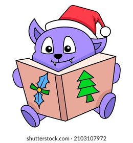 bear cub is reading a story book on christmas eve happily, vector illustration art. doodle icon image kawaii.
