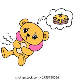 A bear cub with a sad face because she imagines a delicious sweet cake, vector illustration art. doodle icon image kawaii.