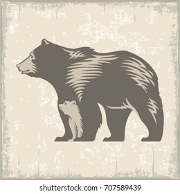 Bear with a bear cub, Sepia, vintage, illustration, vector