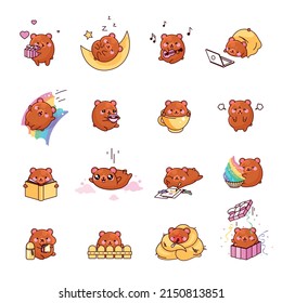 Bear cub. Set kit collection vector isolated illustration cute cartoon bear kawaii chibi style Emoji character sticker emoticon smile emotion mascot sleep enjoy laptop lunch dinner coffee break