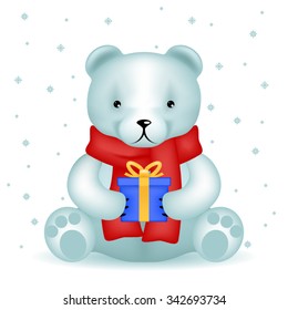 Bear cub sit new year gift winter background snowflakes vector illustration
