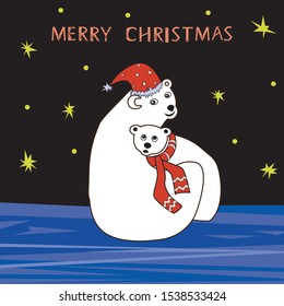 A bear with a cub bear sit on ice and look at the sky and stars at night. A vector illustration for new year and christmas with animals in clothes.
