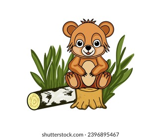 A bear cub sits on a stump, in the grass near a birch tree, color drawing