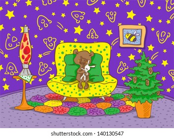 	The bear cub sits on a yellow sofa. The bear cub holds in paws a toy white hare. In the room there is a lamp and a pot with fir-tree. On a wall are drawn stars and spaceships.