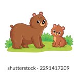 Bear and a cub are sitting on the grass on a white background. Vector illustration with cute forest animals in cartoon style.