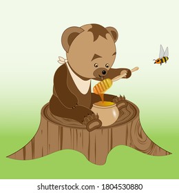 Bear cub is sitting on a stump and eating honey. A bee flies nearby. Decoration for children's room or honey fair.