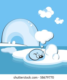 The bear cub sleep on an ice floe and have a dream