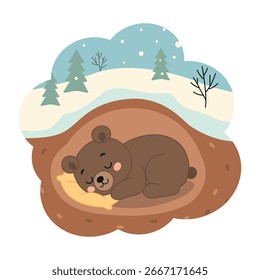 Um filhote de urso dorme em uma toca à deriva de neve. Simples estilo de doodle plano, aconchegante clima de inverno quente