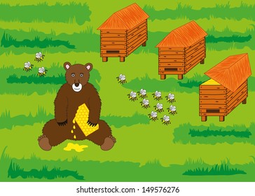 The bear cub stole honey from bees.
