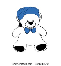 Bear cub vector stock illustration in Doodle style. Children's soft toy in a nightcap. Drawing for a children's card. Children's doll Teddy bear. Isolated on a white background. 