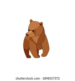 Bear cub walks around and looks in surprise. Front view. Cartoon character of a baby mammal animal. A wild forest creature with brown fur. Vector flat illustration isolated on a white background.