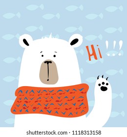 Bear cub in warm orange scarf vector illustration for greeting card.