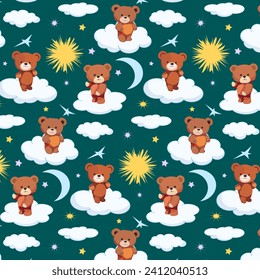 Bear cubs on the clouds.Vector seamless pattern with bears on clouds and stars on a colored background.