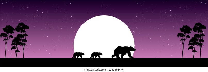Bear with cubs walking under moonlight, vector nature and wildlife illustration