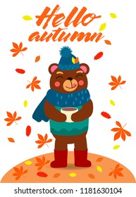 bear with a Cup of coffee, autumn leaves vector illustration