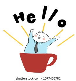 Bear with a cup of coffee. Cute bear portrayed the character of morning person sitting in a cup of coffee raising hands greeting someone cheerfully. Shining rays  in background with wording - hello.