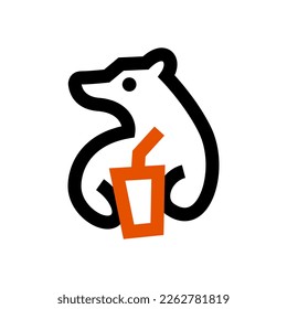 bear and cup logo, bear holding juice drink with straw Mascot cartoon vector icon illustration