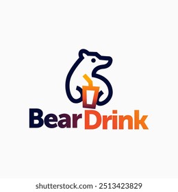 bear and cup logo, bear holding juice drink with straw Mascot cartoon vector icon illustration bear, beverage juice honey tea brand design.