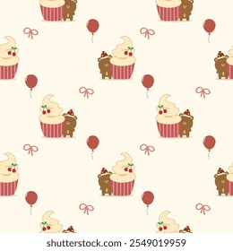 Bear and cupcake cartoon so cute. On knot balloon background. Pattern seamless vector illustration. 
