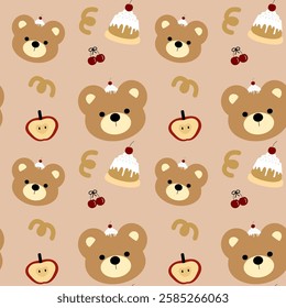 Bear, Cupcake, Cherry, Apple on brown background, Fabric Pattern, Gift Wrapping Paper Pattern, Notebook Cover , seamless pattern 