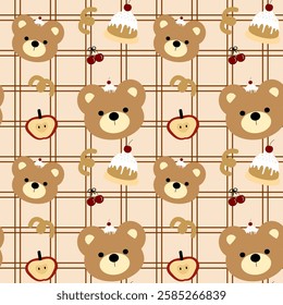 Bear, Cupcake, Cherry, Apple on brown background, Fabric Pattern, Gift Wrapping Paper Pattern, Notebook Cover , seamless pattern 