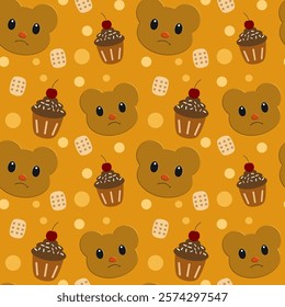 Bear, Cupcake, Cookie on orange background, Fabric pattern, Wrapping paper, Notebook cover , seamless pattern 