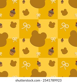 Bear, Cupcake, Cookie, On Yellow Grid Background, Paper Pattern, Fabric Pattern, Notebook Cover , seamless pattern 