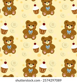 Bear, Cupcake, Cookie on yellow background, Fabric pattern, Wrapping paper, Notebook cover , seamless pattern 