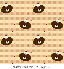 Bear, Cupcake on brown Grid Background, Fabric Pattern, Wrapping Paper, Notebook Cover , seamless pattern 