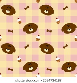 Bear, Cupcake on yellow and pink Grid Background, Fabric Pattern, Wrapping Paper, Notebook Cover , seamless pattern 