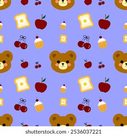 Bear , cupcakes , cherry, apple on purple background , seamless pattern 