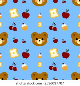 Bear , cupcakes , cherry, apple on blue background , seamless pattern 