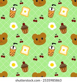 Bear , cupcakes , cherry on a green background with white polka dots, cute pattern, seamless pattern 