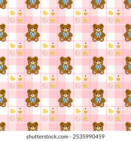 Bear , cupcakes , duck and star on a pink ,cute pattern, seamless pattern 