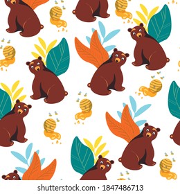 Bear cute cartoon character. Flat design. hand drawn. Vector seamless pattern on white background. Concept for wallpaper, wrapping paper