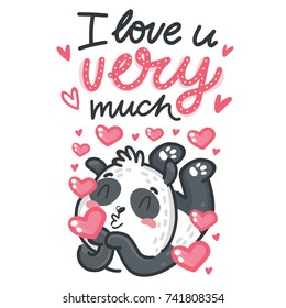 Bear cute Panda character in love with kiss, hearts and lettering calligraphy text. I love you very much. Hand drawn illustration in cartoon, doodle style for greeting card, poster, banner, print 