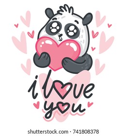 Bear cute Panda character in love holding heart, googly eyes and lettering calligraphy text. I love you. Hand drawn illustration in cartoon style for greeting card, poster, banner, print design