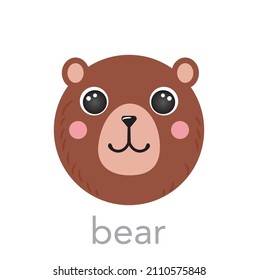 Retrato de oso Cute con el nombre texto de la caricatura de cabeza feliz forma redondeada cara animal, ilustraciones aisladas de iconos vectoriales sobre fondo blanco. Mano plana dibujada para afiche infantil, móvil, camisetas, ropa de bebé